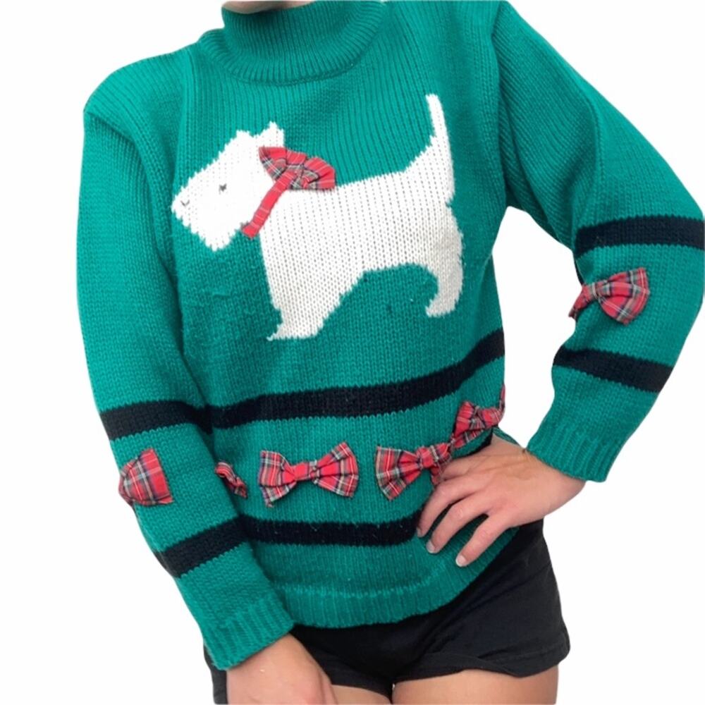 Vintage Green Scottie Dog Sweater Plaid Bows Sz S